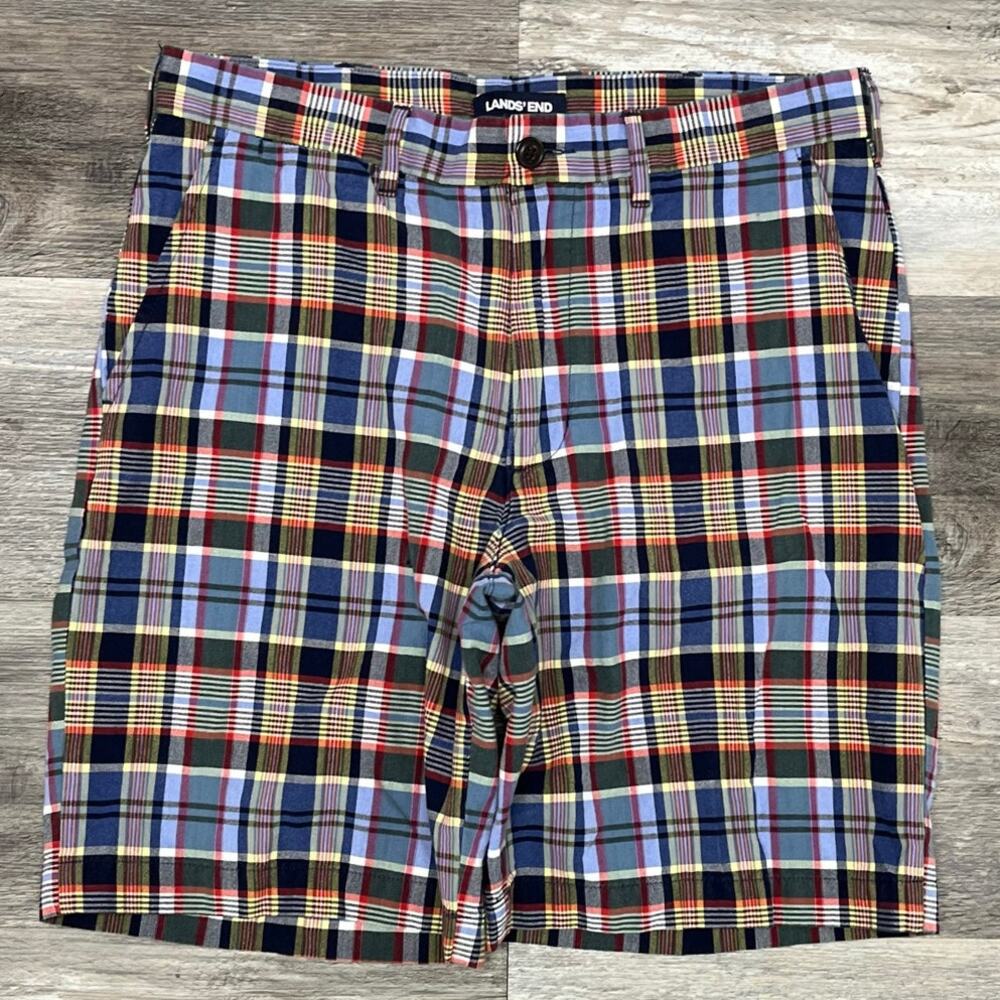 Lands End Shorts Blue Yellow‎ Mens 32 Traditional Fit Madras Plaid Flat Front